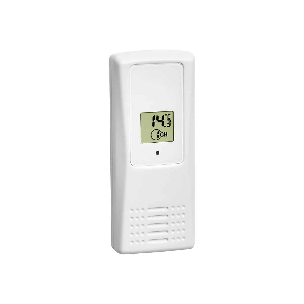 Weißer, länglicher Außensensor mit Displayanzeige 14,3 Grad Celsius und Kanalanzeige.