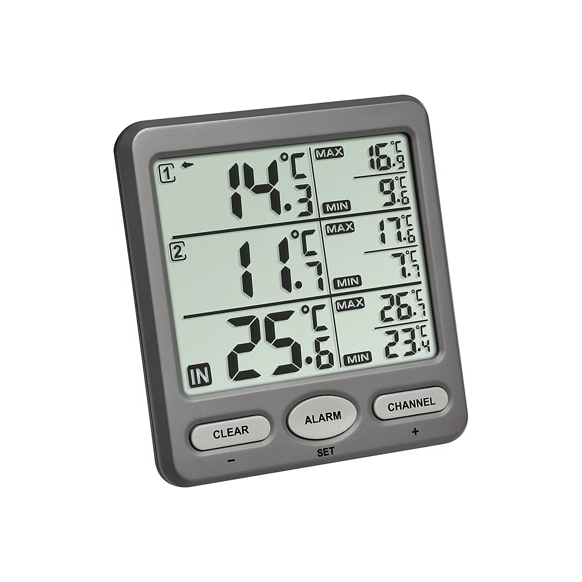 Digitales Thermometer in Grau mit Displayanzeige für drei verschiedene Kanäle, MIN/MAX-Werten und drei Steuertasten.