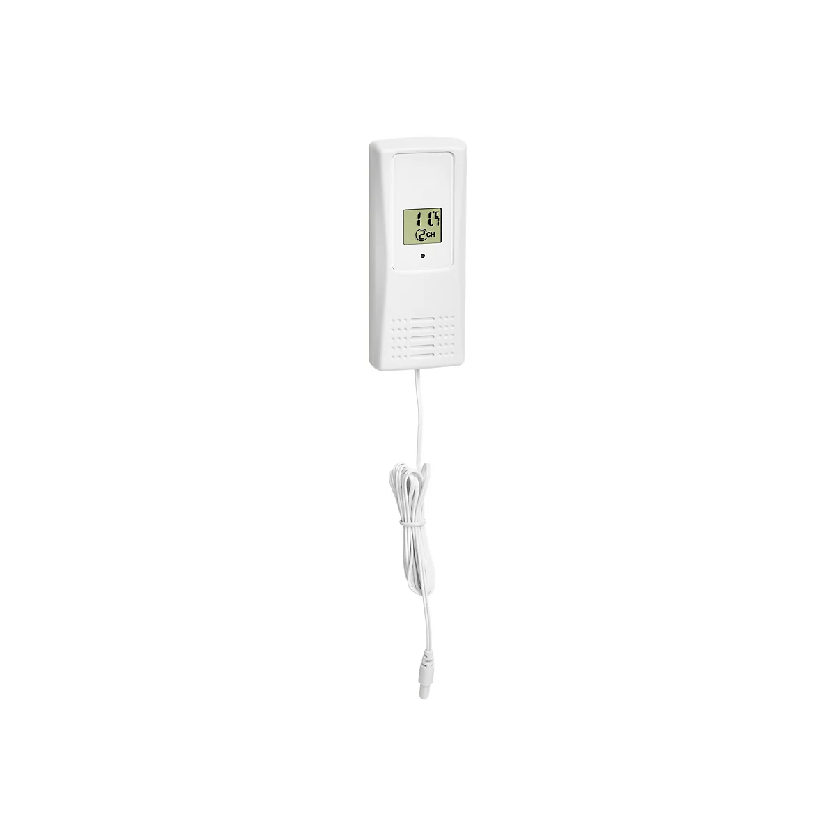 Weißer Außensensor mit LCD-Display, Temperaturanzeige und Kabelanschluss vor weißem Hintergrund.