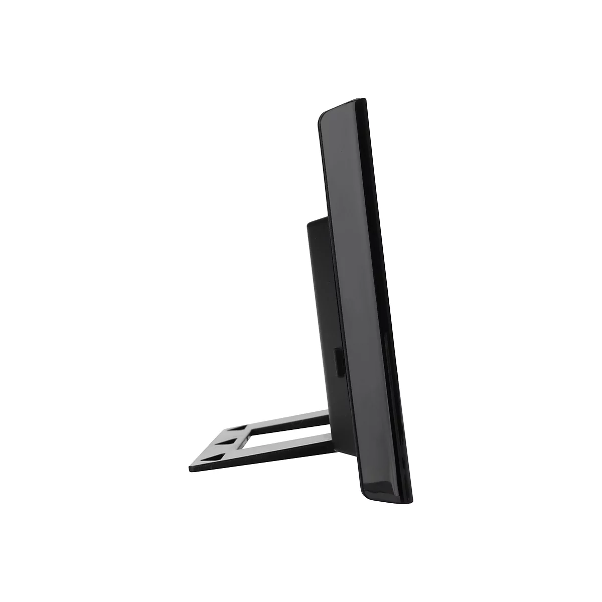 Seitenansicht eines flachen, schwarzen digitalen Bilderrahmens mit ausgeklapptem Standfuß.