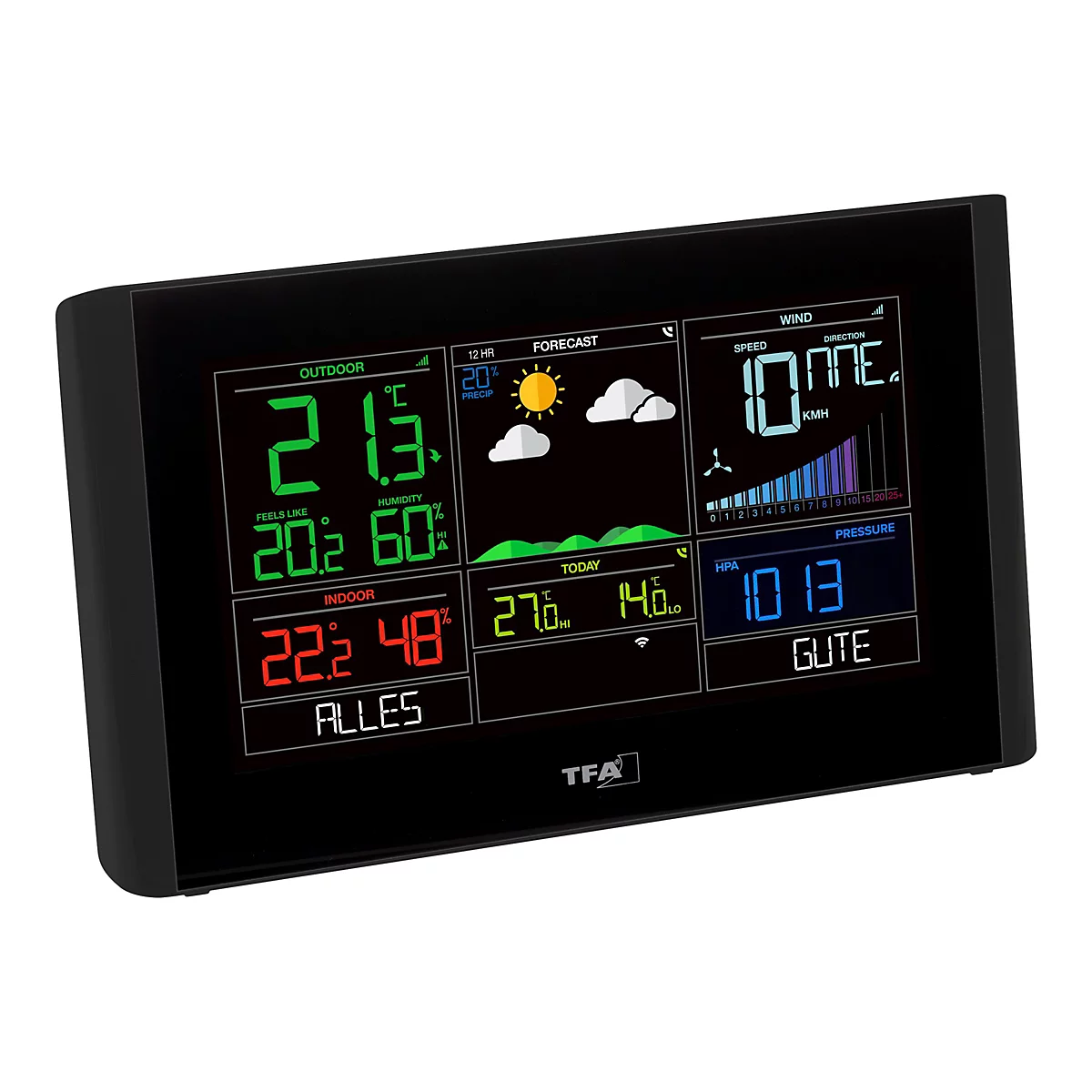 Digitale Wetterstation mit farbigem Display zeigt Innen- und Außentemperaturen, Luftfeuchtigkeit, Winddaten und Prognose.