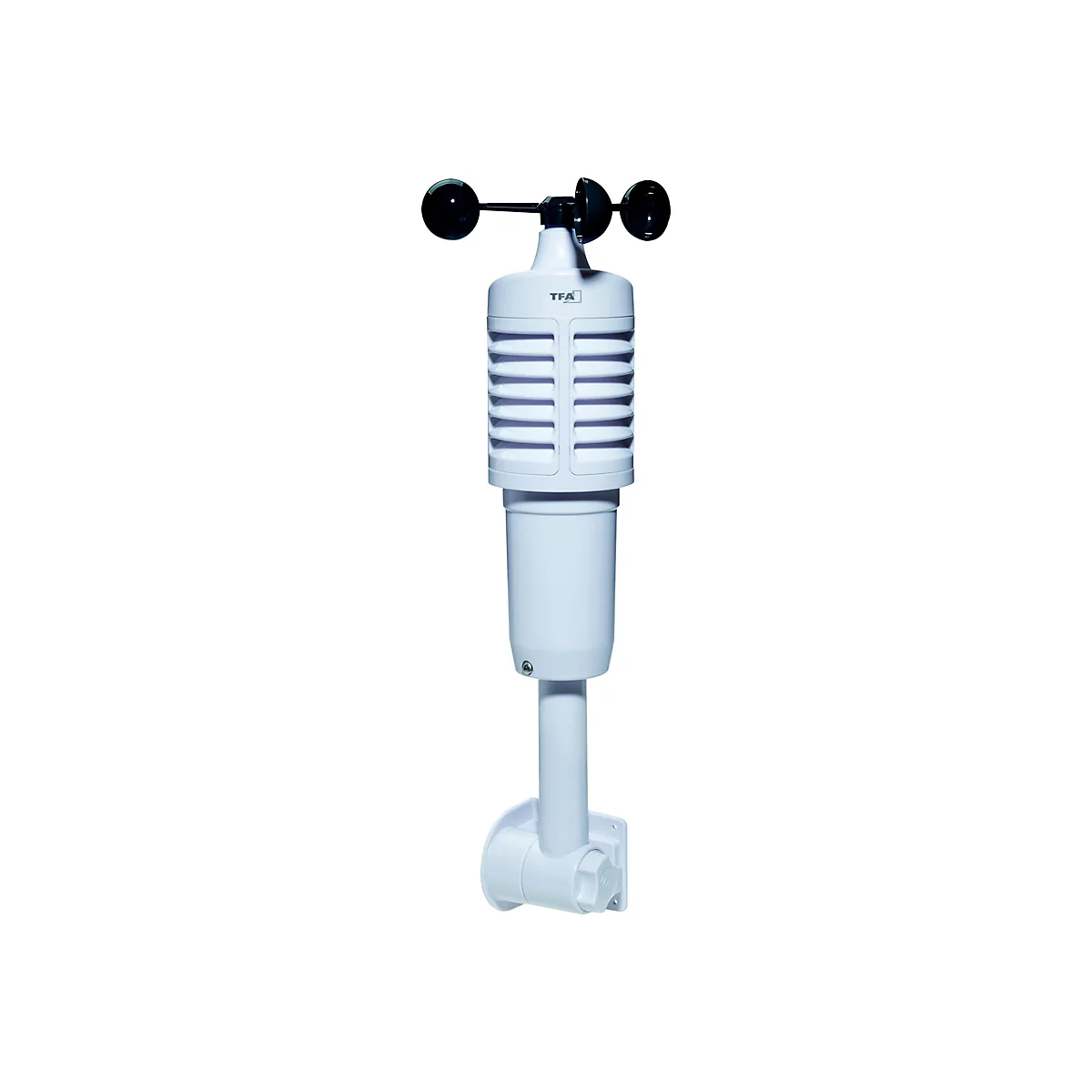 Weißer TFA Windsensor mit Schalenanemometer auf weißem Hintergrund.