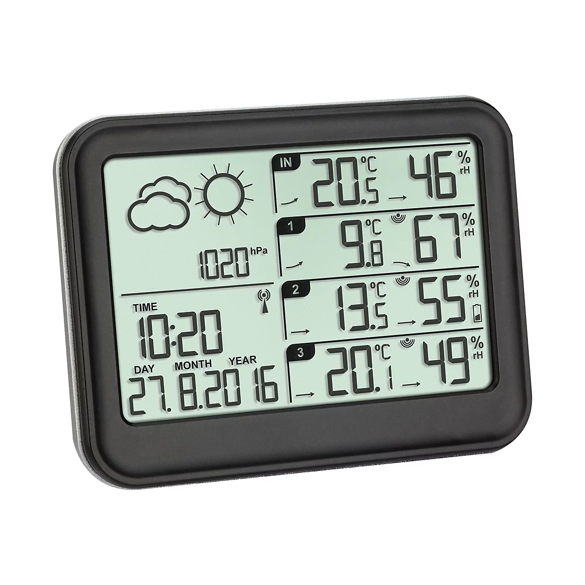 Digitales Wetterstation-Display in einem schwarzen Rahmen mit Anzeige von Temperatur, Luftfeuchtigkeit, Uhrzeit und Datum.