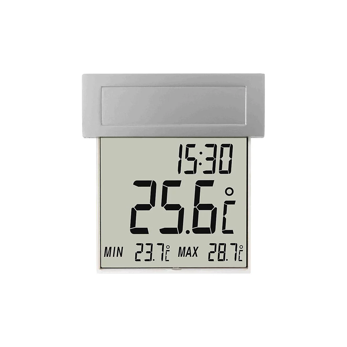 Digitales Thermometer mit Uhrzeit und Min/Max-Temperaturanzeige vor weißem Hintergrund.