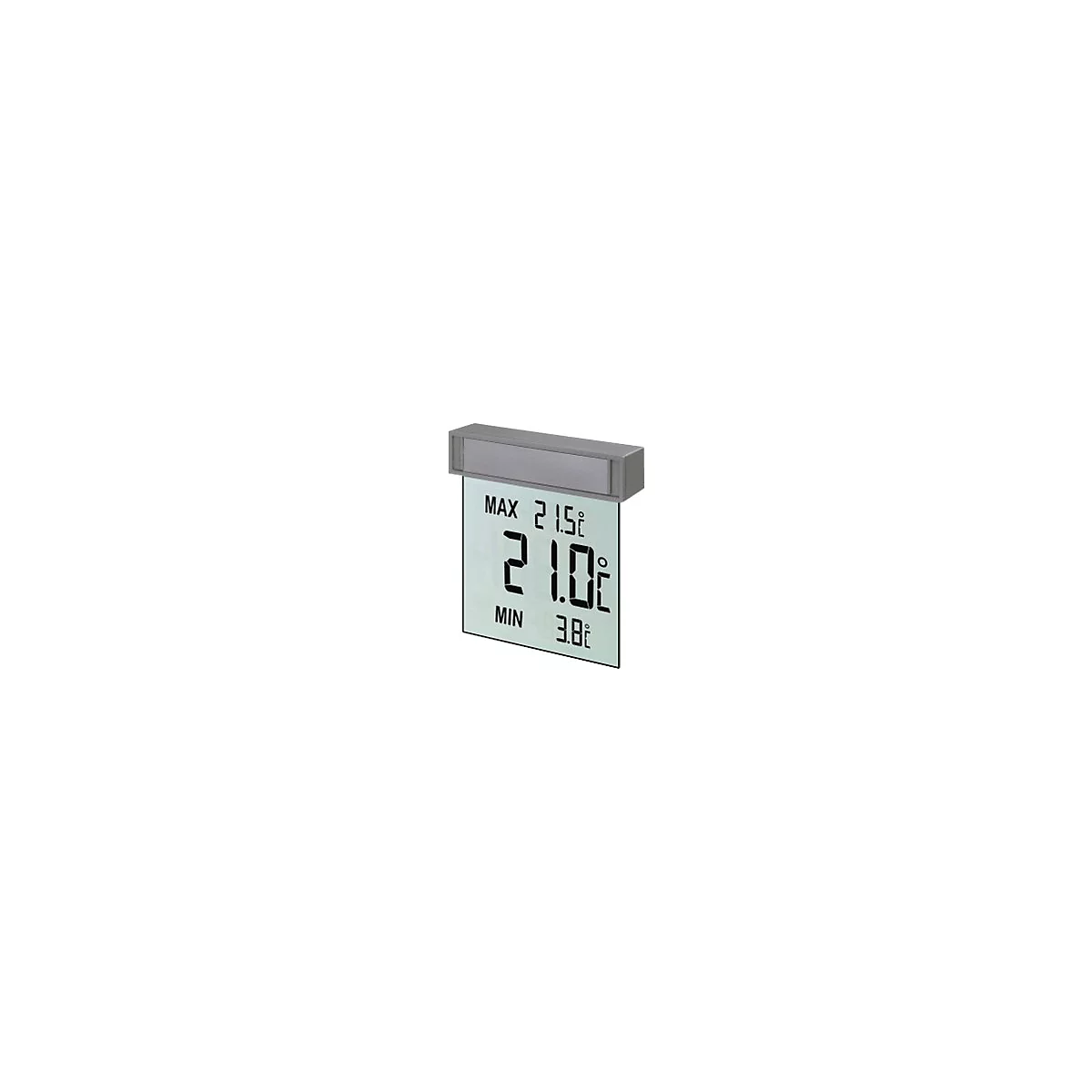 Digitales Fensterthermometer mit Anzeige für aktuelle, maximale und minimale Temperatur auf Glasfläche.