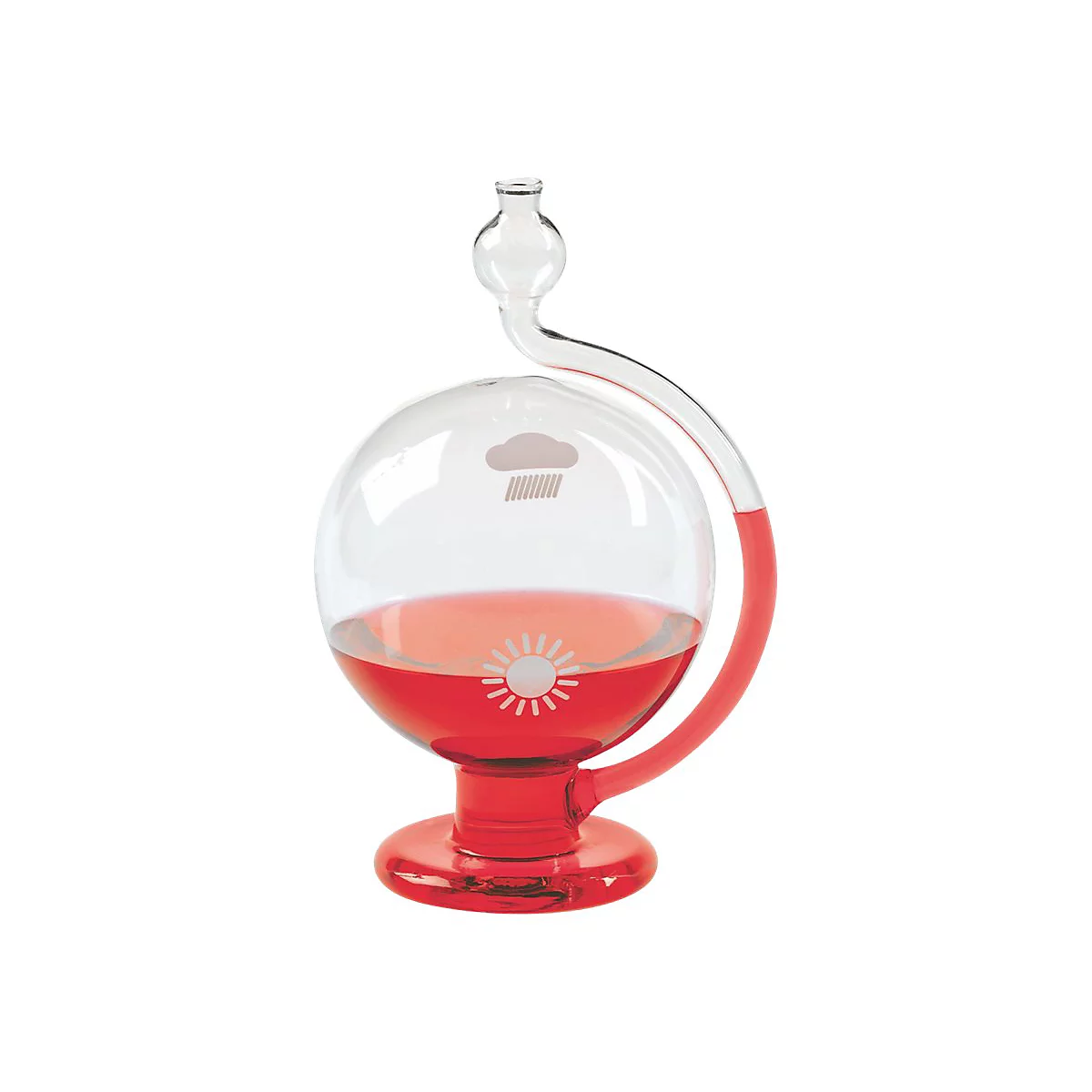 Sturmflasche aus Glas mit roter Flüssigkeit und Wetter-Symbolen auf weißem Hintergrund.