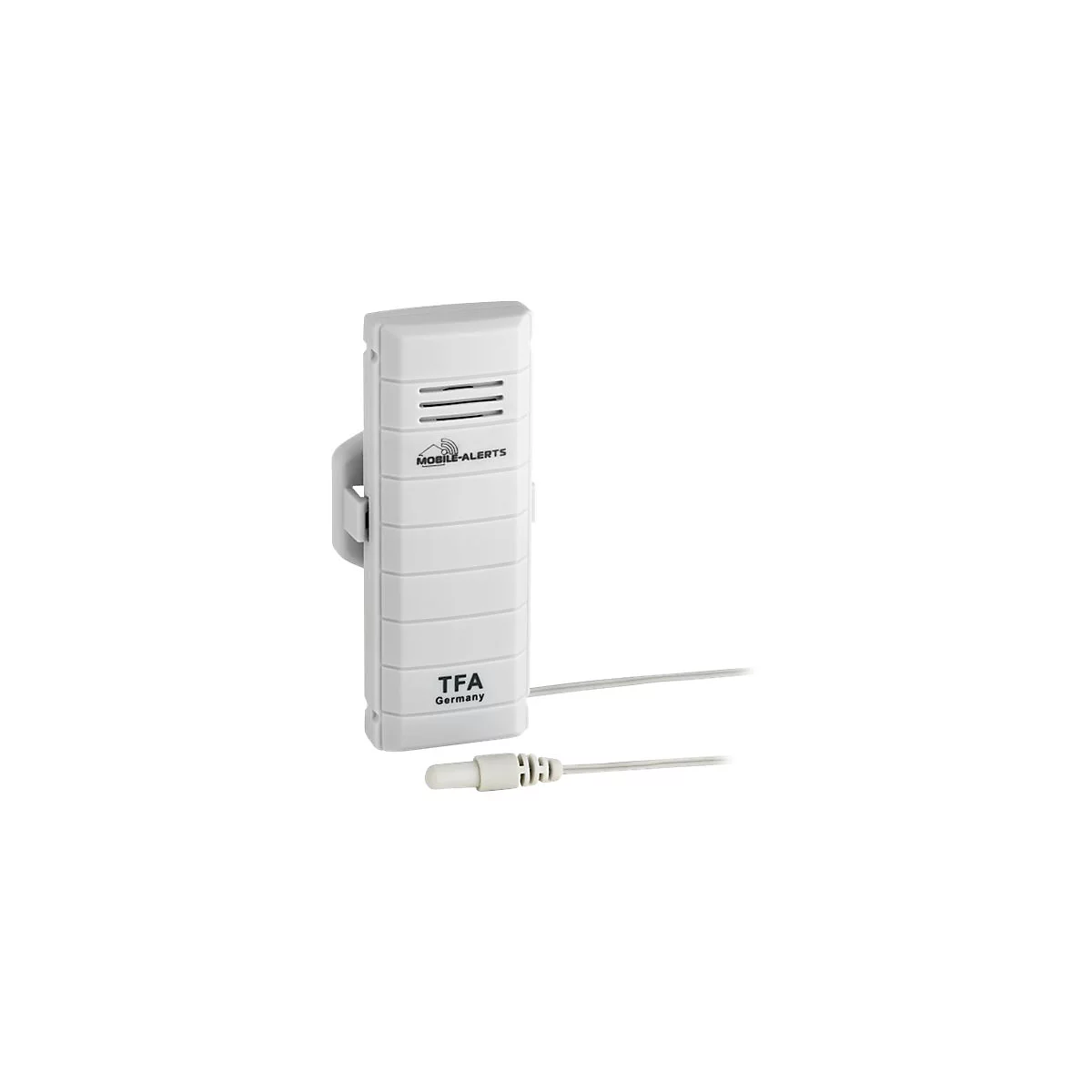 Weißer TFA Mobile-Alerts Temperatursensor mit Kabel und Sensor-Spitze vor weißem Hintergrund.