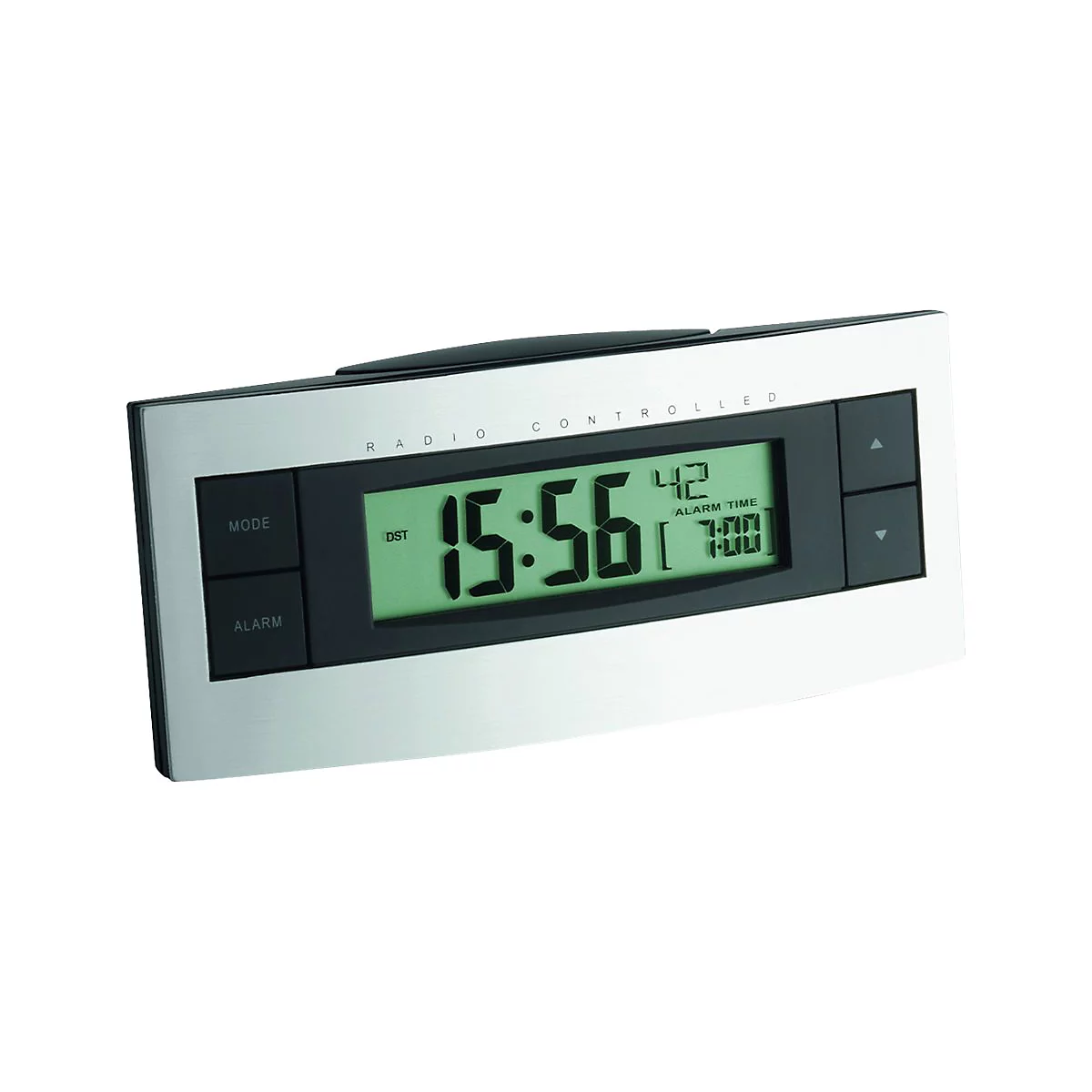 Digitaler Funkwecker in Silber mit schwarzem Display und Tasten für Modus, Alarm und Einstellung.