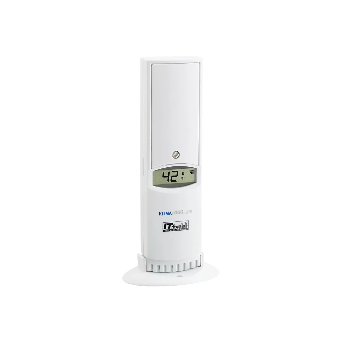 Weißer, schlanker Funk-Hygro-Sender für den KLIMA LOGG pro mit LCD-Display zeigt 42 Prozent Luftfeuchtigkeit.