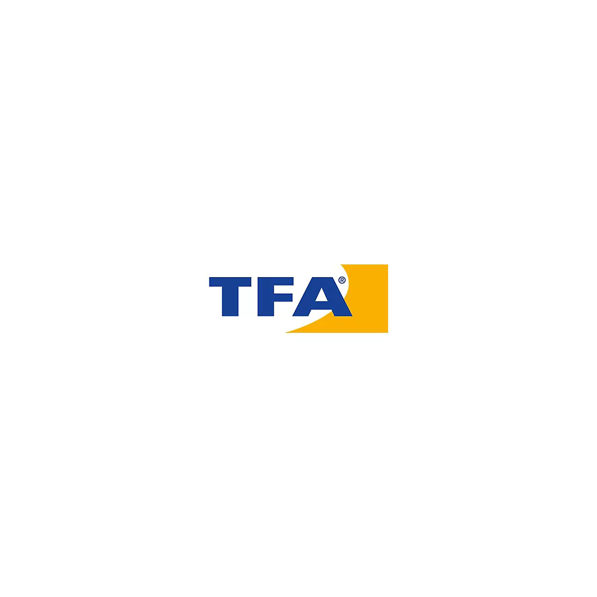 Blaues Firmenlogo TFA vor einem gelben, geschwungenen Hintergrund.