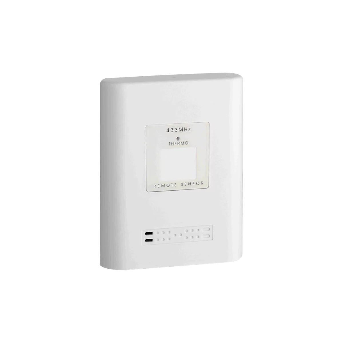 Ein weißer, rechteckiger Thermo-Funksensor mit 433 MHz und Lüftungsschlitzen vor weißem Hintergrund.