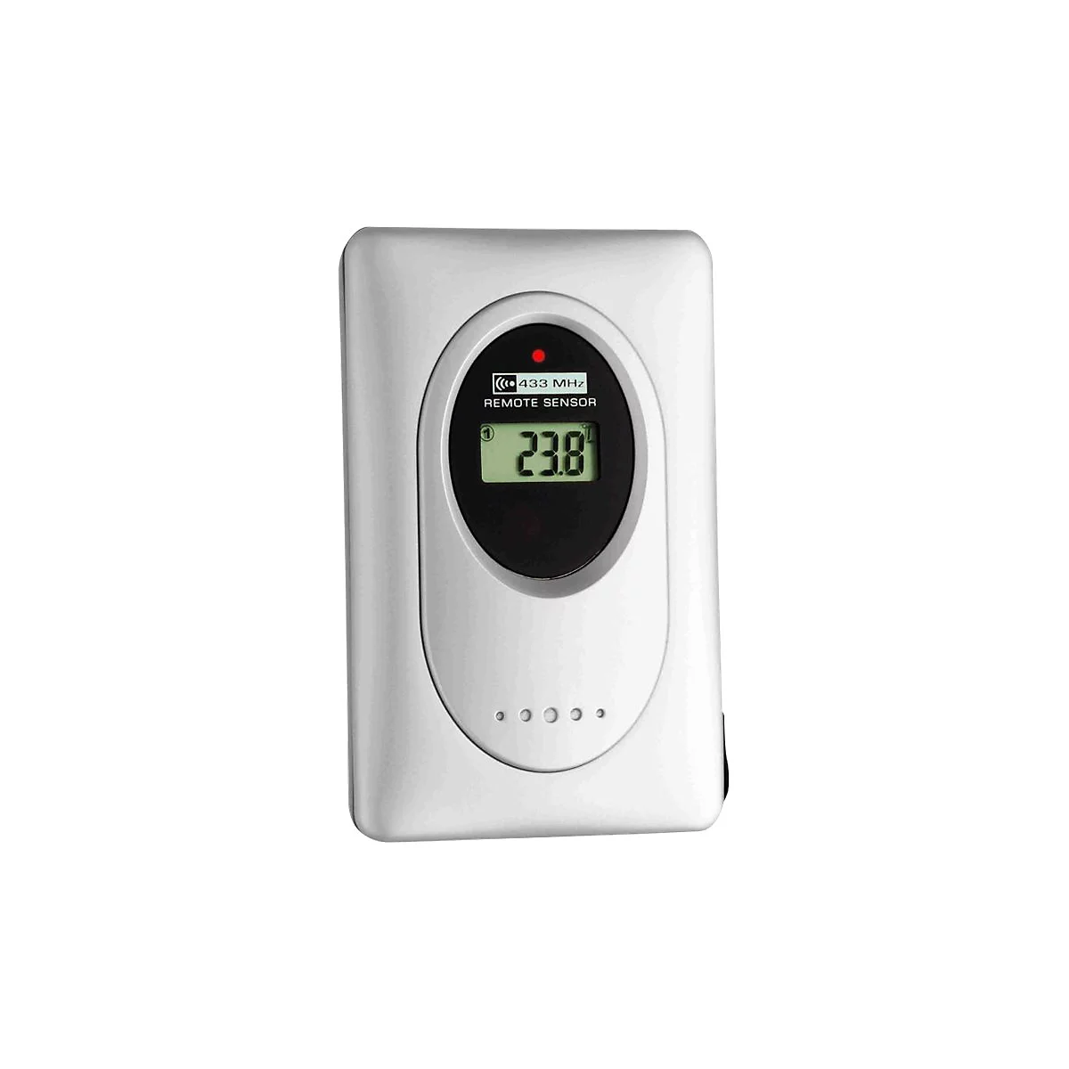 Ein weißer, rechteckiger Außensensor mit Digitalanzeige, die 23,8 Grad anzeigt, und roter LED-Kontrollleuchte.