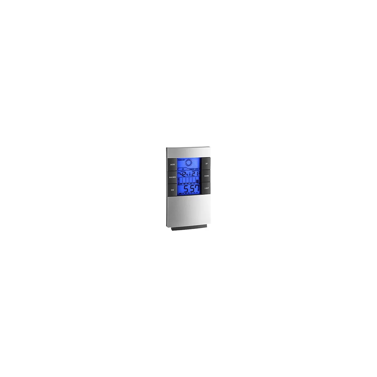 Digitales Hygrometer mit blau beleuchtetem Display und Bedienelementen an den Seiten.