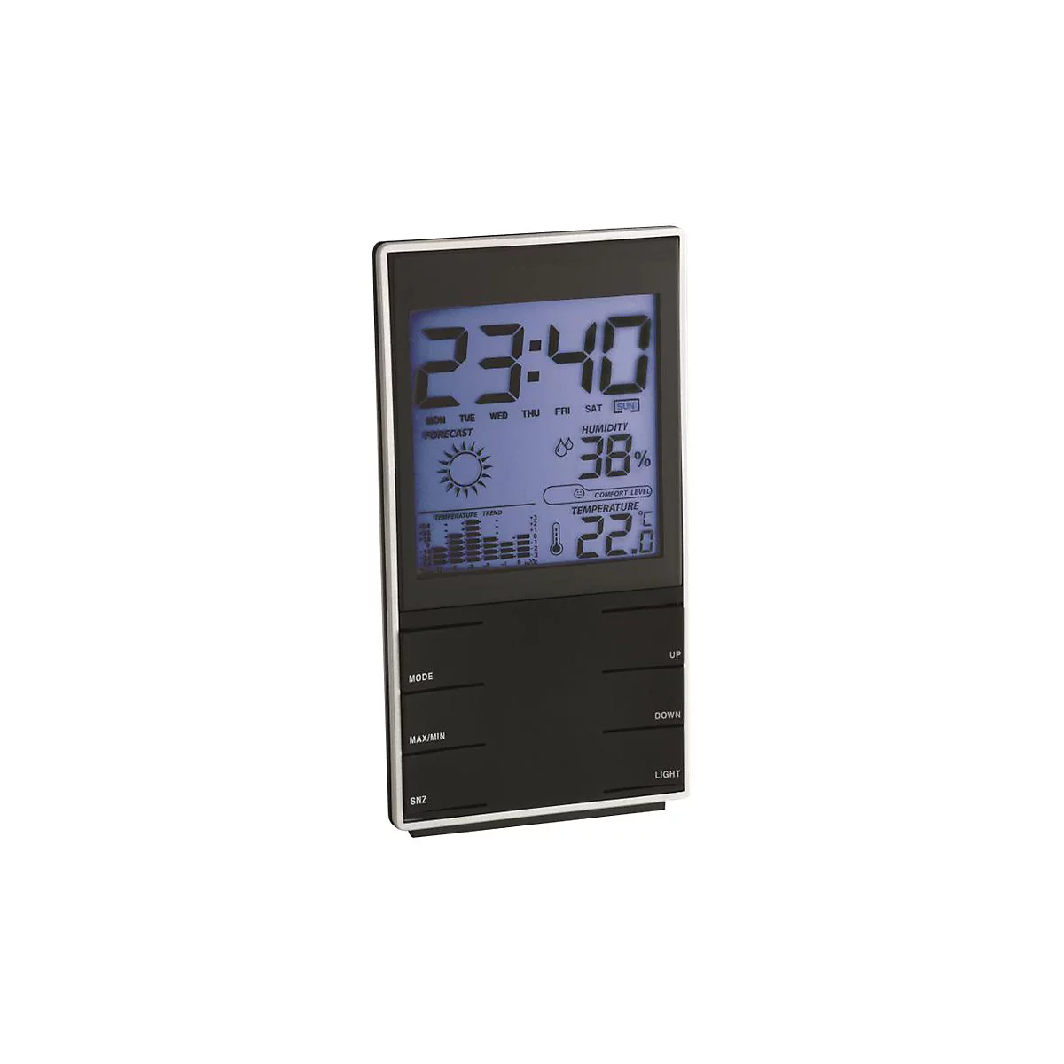 Digitales Wetterstation-Display mit Uhrzeit, Feuchtigkeit, Temperatur, Datum und Tasten an einem grauen Rand.