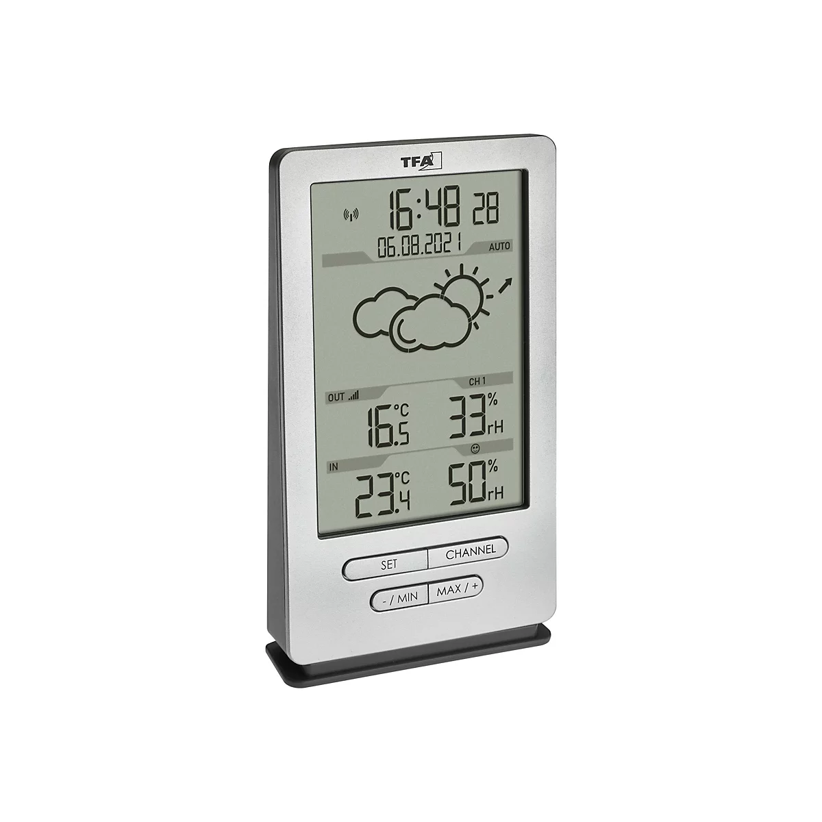 Digitale Wetterstation TFA mit Display für Innen- und Außentemperatur sowie Luftfeuchtigkeit.