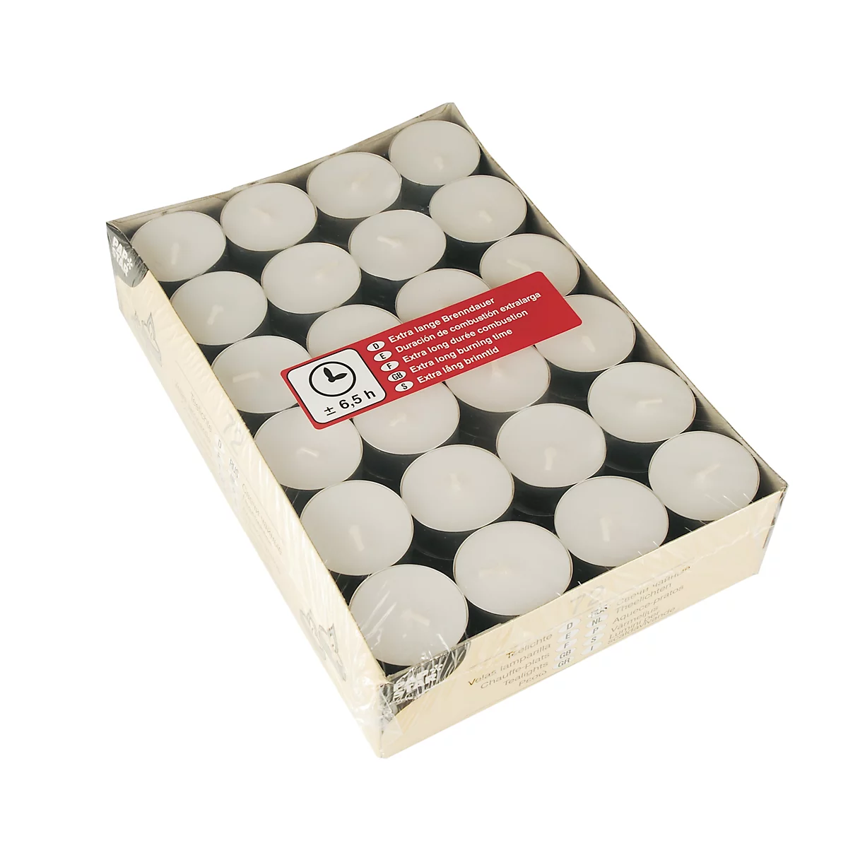 Theelichtjes Papstar, brandduur ca. 6,5 h, Ø 39 x H 17,5 mm, paraffine & palmstearine, wit, 72 stuks