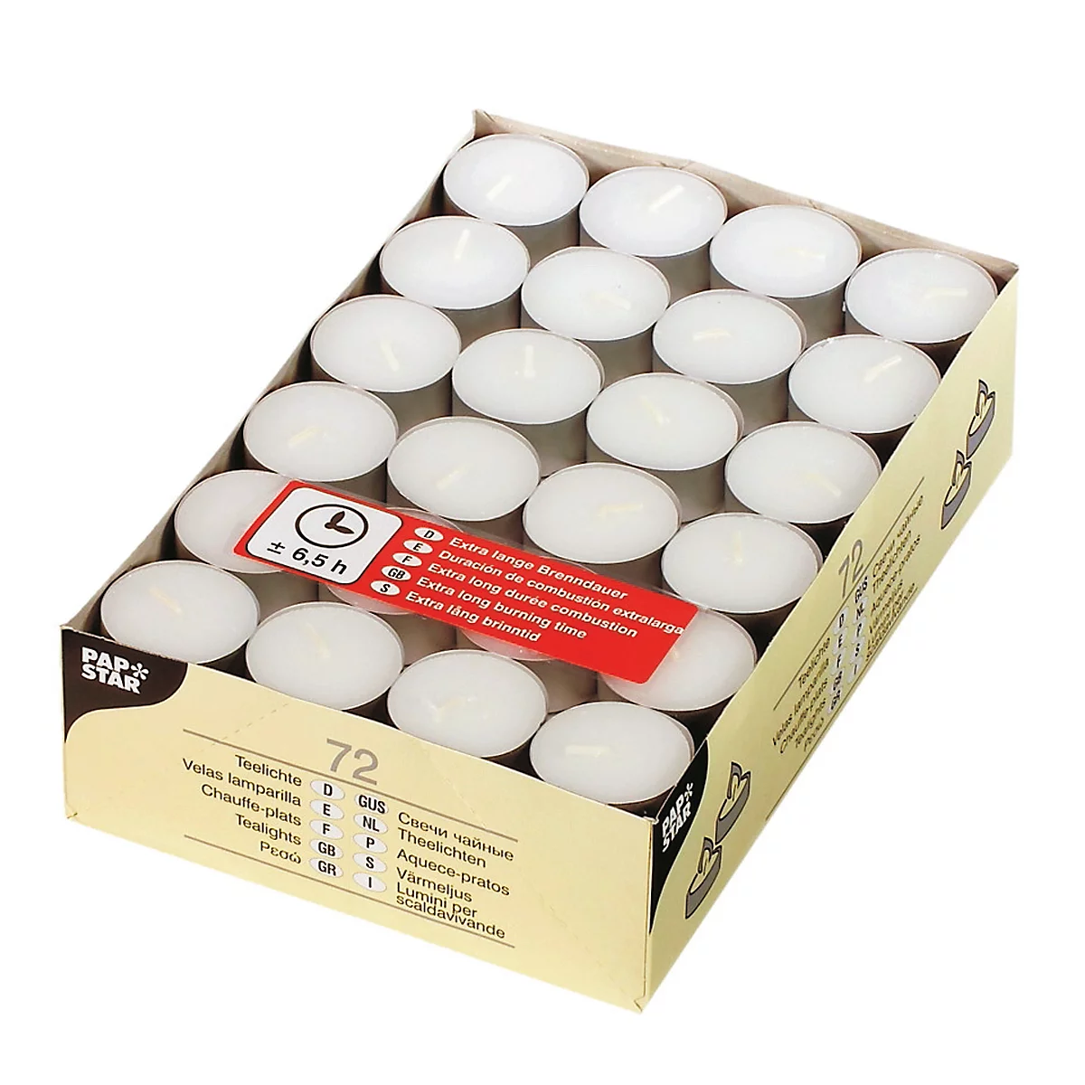 Theelichtjes Papstar, brandduur ca. 6,5 h, Ø 39 x H 17,5 mm, paraffine & palmstearine, wit, 72 stuks