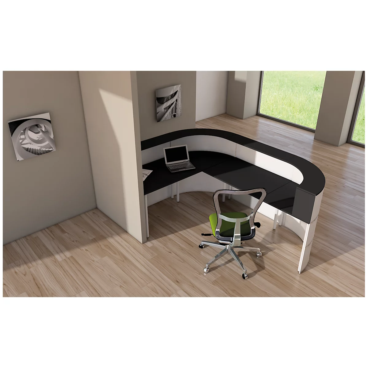 Theke Cento 6, 2 Eckelemente, 1 gerades Theken-Elemente und Tischelement, Sichtblende