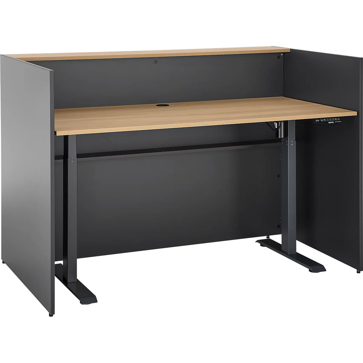 Ein grauer Schreibtisch mit Holzplatte und schwarzen Füßen. Der Schreibtisch hat seitliche Trennwände und eine Blende.