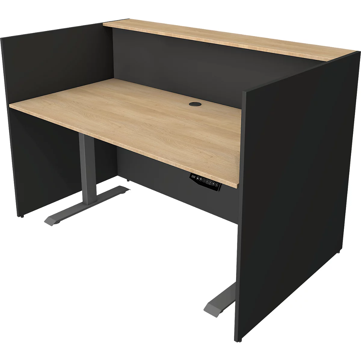 Schreibtisch mit schwarzem Rahmen und Holzplatte. Das Tischbein ist grau.