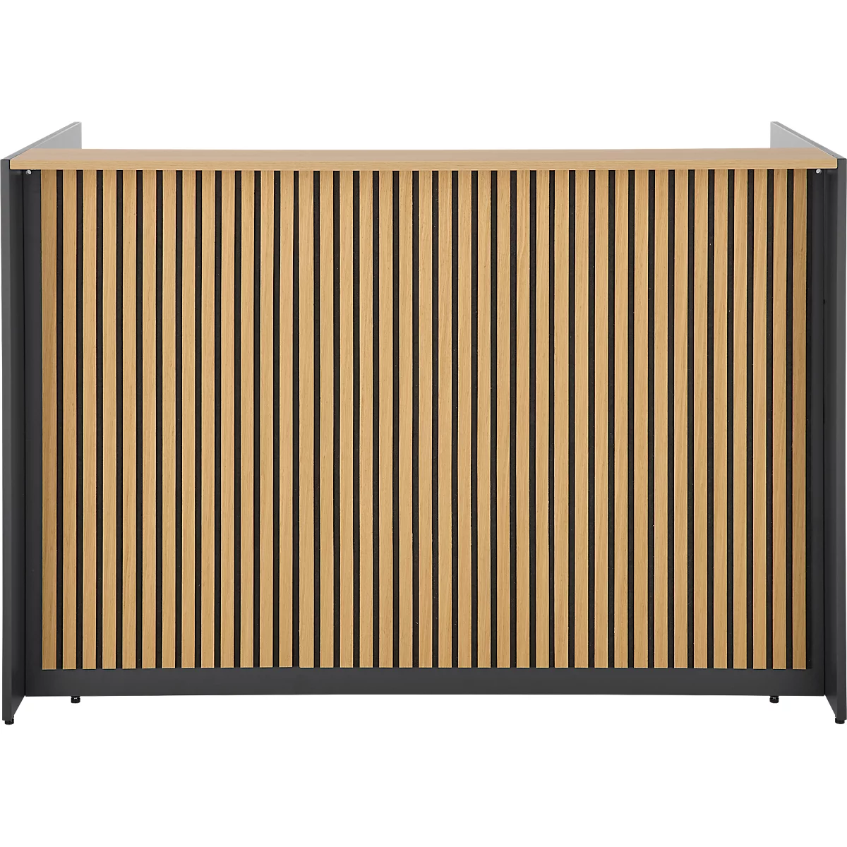 Beige Holzpaneele mit vertikalen schwarzen Linien, grauer Rahmen und obere Platte.