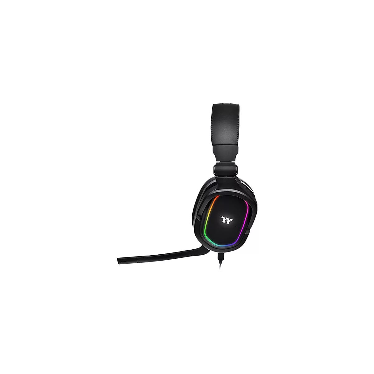 Schwarzes Gaming-Headset mit Mikrofon, beleuchtet durch RGB-Farben.