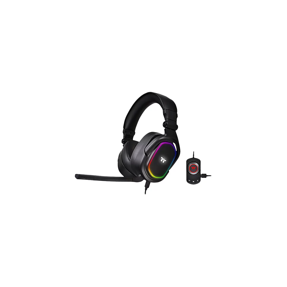Schwarzes Gaming-Headset mit farbiger Beleuchtung und Mikrofon. Daneben ein Controller mit rotem Drehknopf.