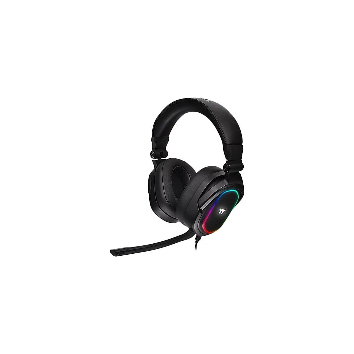 Schwarzes Gaming-Headset mit Mikrofon und farbiger Beleuchtung. Das TT-Logo ist auf der Ohrmuschel zu sehen.