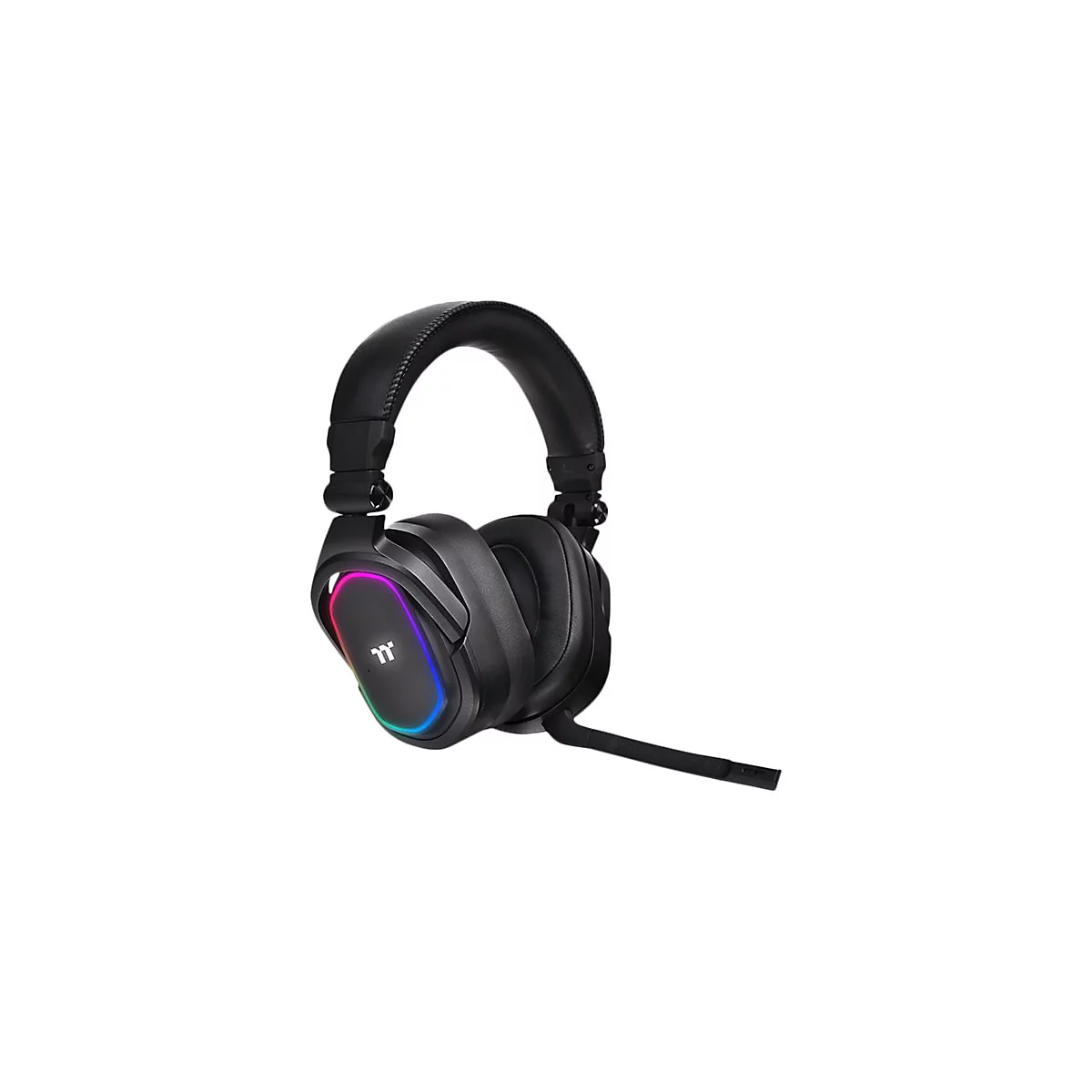 Schwarzes Gaming-Headset mit RGB-Beleuchtung an den Ohrmuscheln, einem Mikrofon und einem weißen Hintergrund.