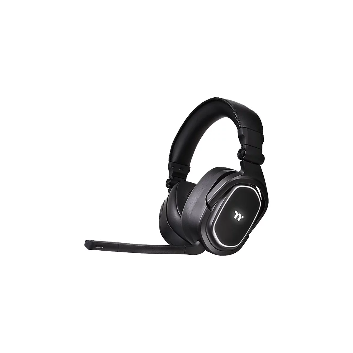 Schwarzes Gaming-Headset mit Mikrofon. Auf den Ohrmuscheln ist ein weißer Lichtrahmen und ein Logo zu sehen.