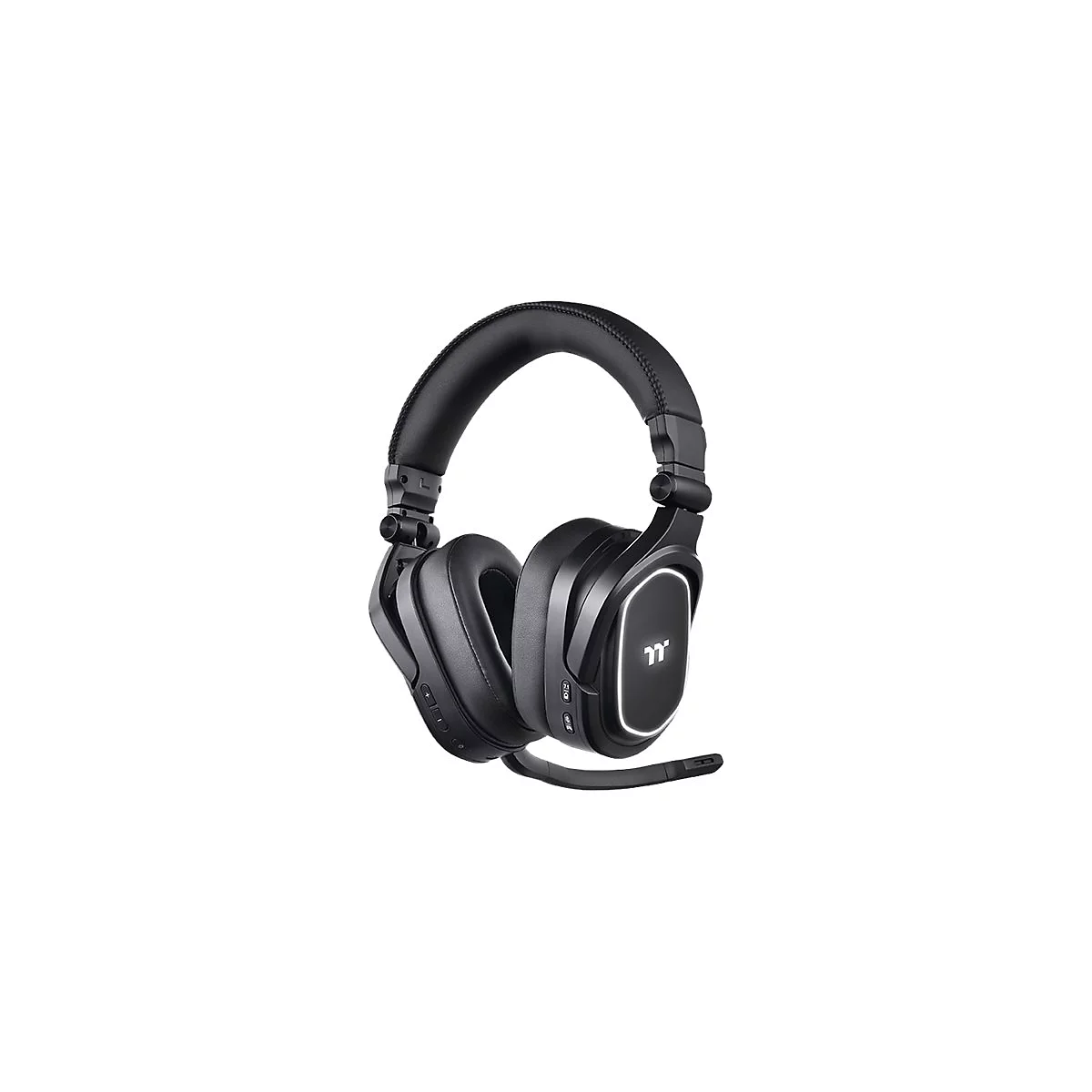 Schwarzer Over-Ear-Kopfhörer mit Mikrofon, Detailansicht.
