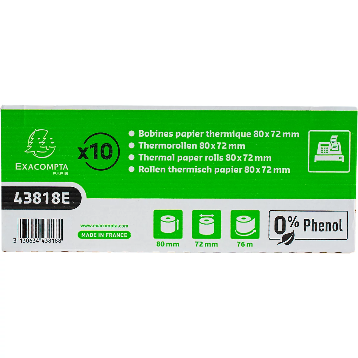 Thermische rol Exacompta, bedrukt aan achterzijde, 1-laags, 48 g/m², L 76 m x B 80 mm, Ø 80 mm, 10 rollen, wit
