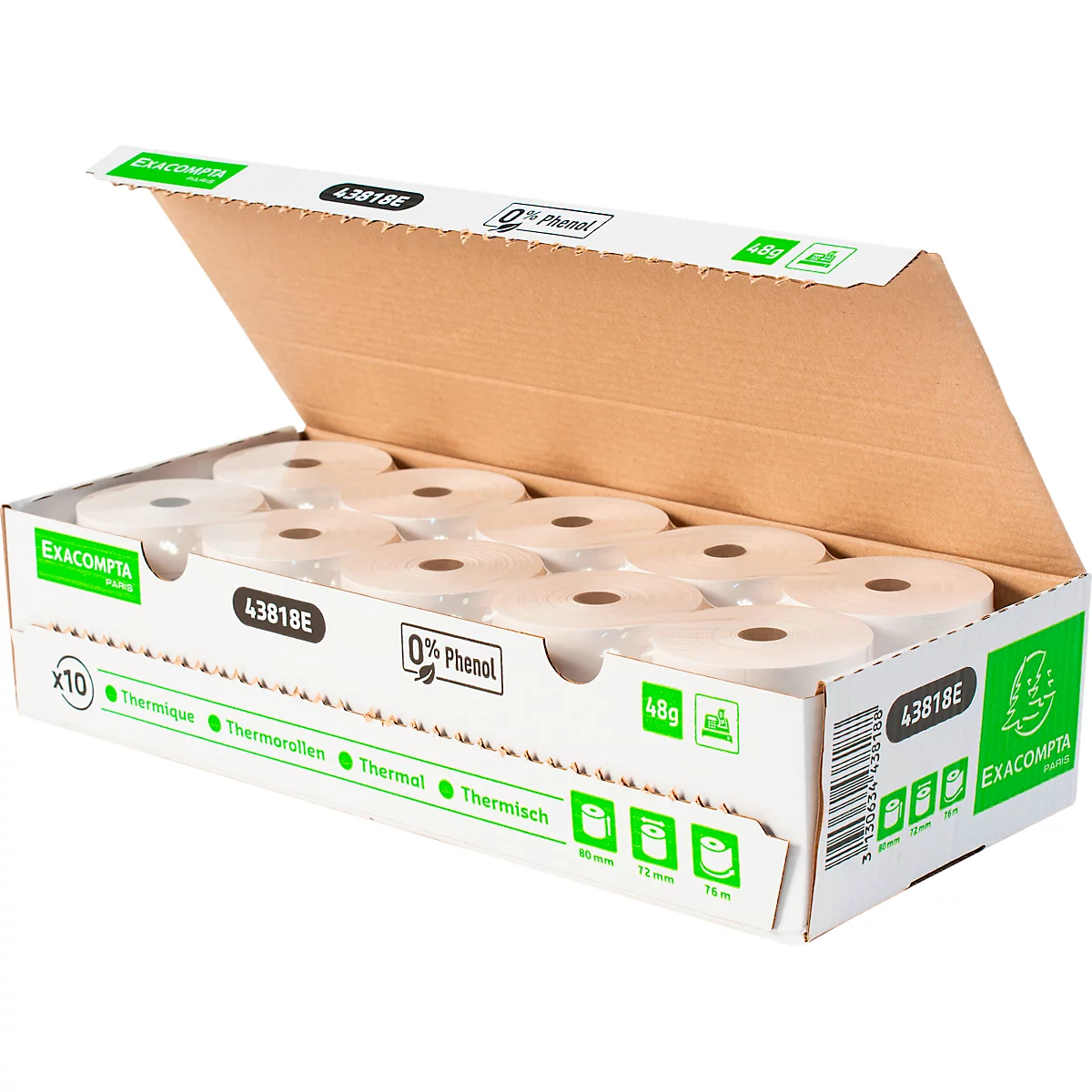Thermische rol Exacompta, bedrukt aan achterzijde, 1-laags, 48 g/m², L 76 m x B 80 mm, Ø 80 mm, 10 rollen, wit