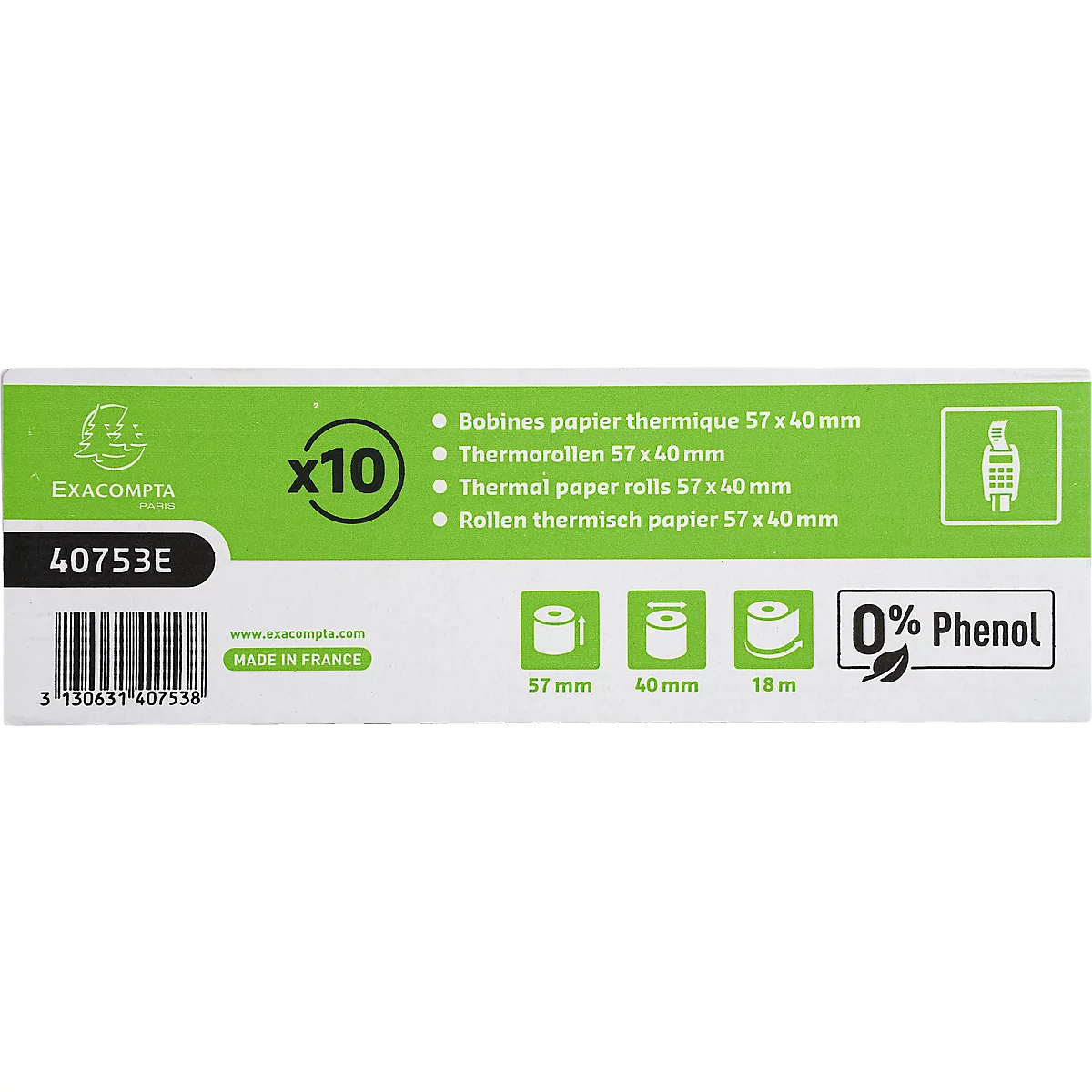Thermische rol Exacompta, bedrukt aan achterzijde, 1-laags, 55 g/m², L 18 m x B 57 mm, Ø 40 mm, 10 rollen, wit