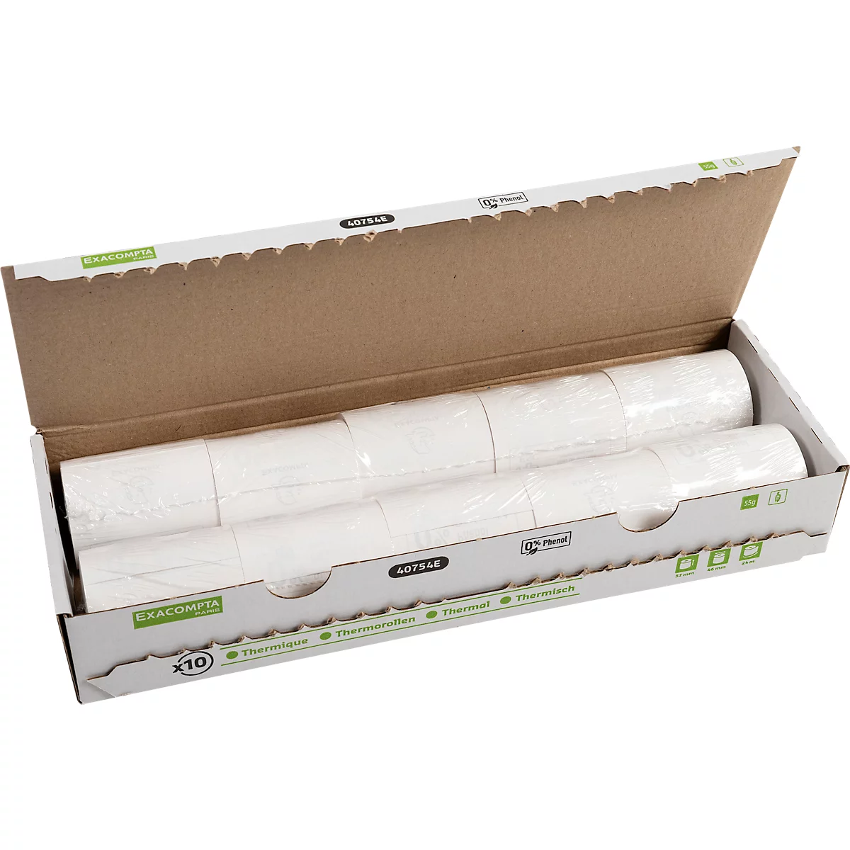 Thermische rol Exacompta, bedrukt aan achterzijde, 1-laags, 55 g/m², L 24 m x B 57 mm, Ø 46 mm, 10 rollen, wit