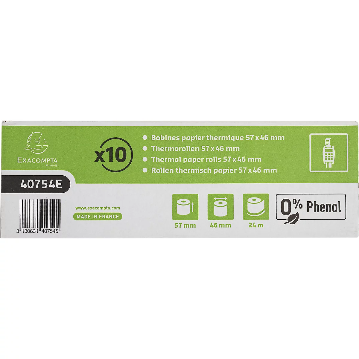 Thermische rol Exacompta, bedrukt aan achterzijde, 1-laags, 55 g/m², L 24 m x B 57 mm, Ø 46 mm, 10 rollen, wit