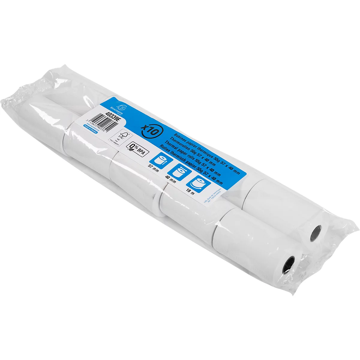 Thermische rol Exacompta, voor kaartbetalingen, 1-laags, BPA-vrij, FSC-gecertificeerd, 55 g/m², L 18 m x B 57 mm, Ø 40 mm, 10 rollen, wit