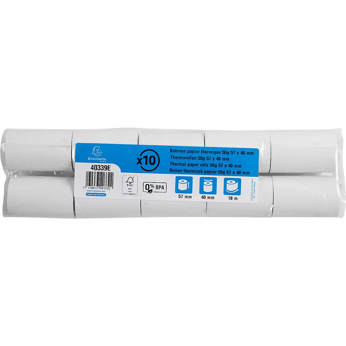 Thermische rol Exacompta, voor kaartbetalingen, 1-laags, BPA-vrij, FSC-gecertificeerd, 55 g/m², L 18 m x B 57 mm, Ø 40 mm, 10 rollen, wit
