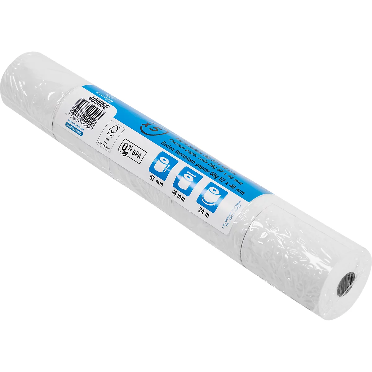 Thermische rol Exacompta, voor kaartbetalingen, 1-laags, BPA-vrij, FSC-gecertificeerd, 55 g/m², L 24 m x B 57 mm, Ø 46 mm, 5 rollen, wit