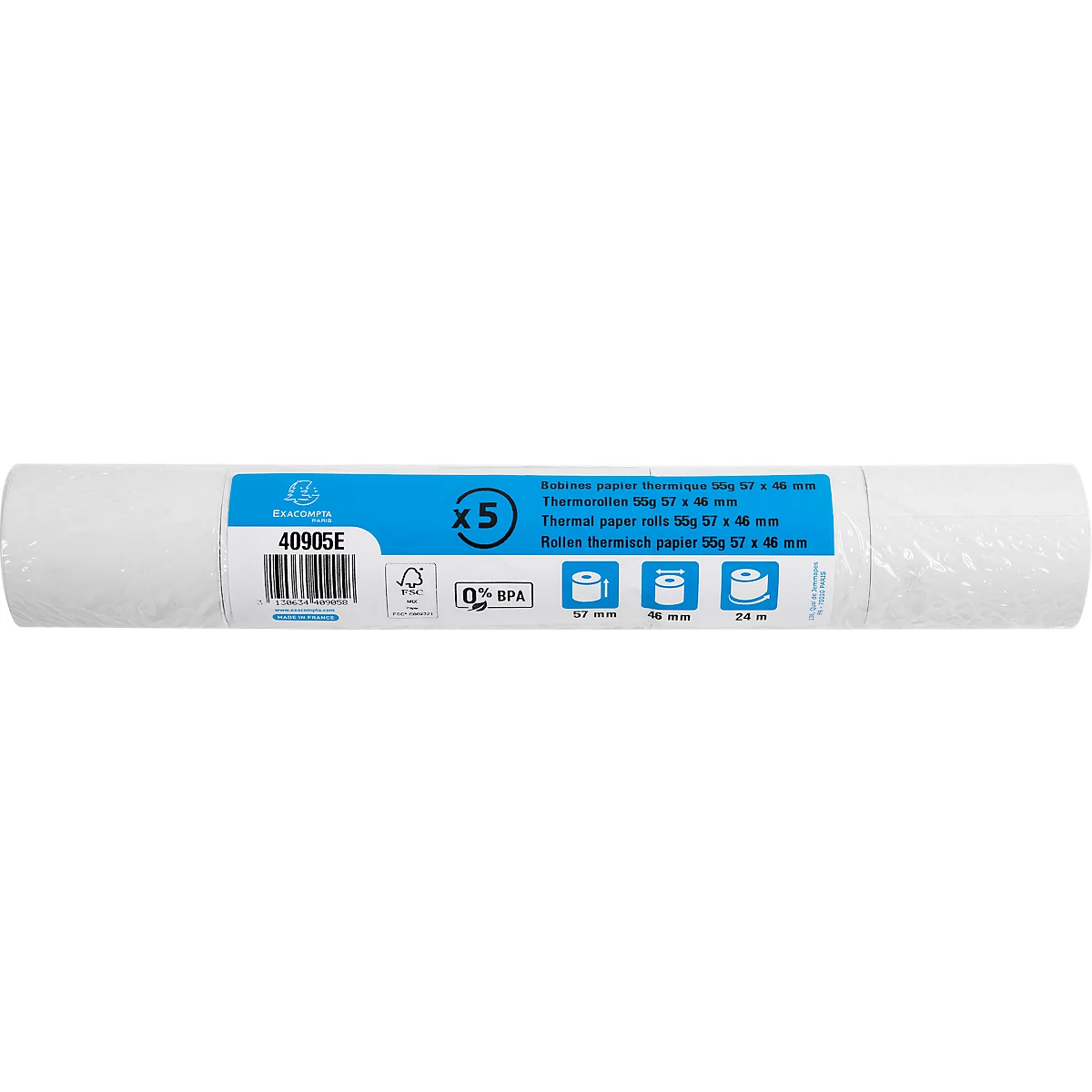 Thermische rol Exacompta, voor kaartbetalingen, 1-laags, BPA-vrij, FSC-gecertificeerd, 55 g/m², L 24 m x B 57 mm, Ø 46 mm, 5 rollen, wit