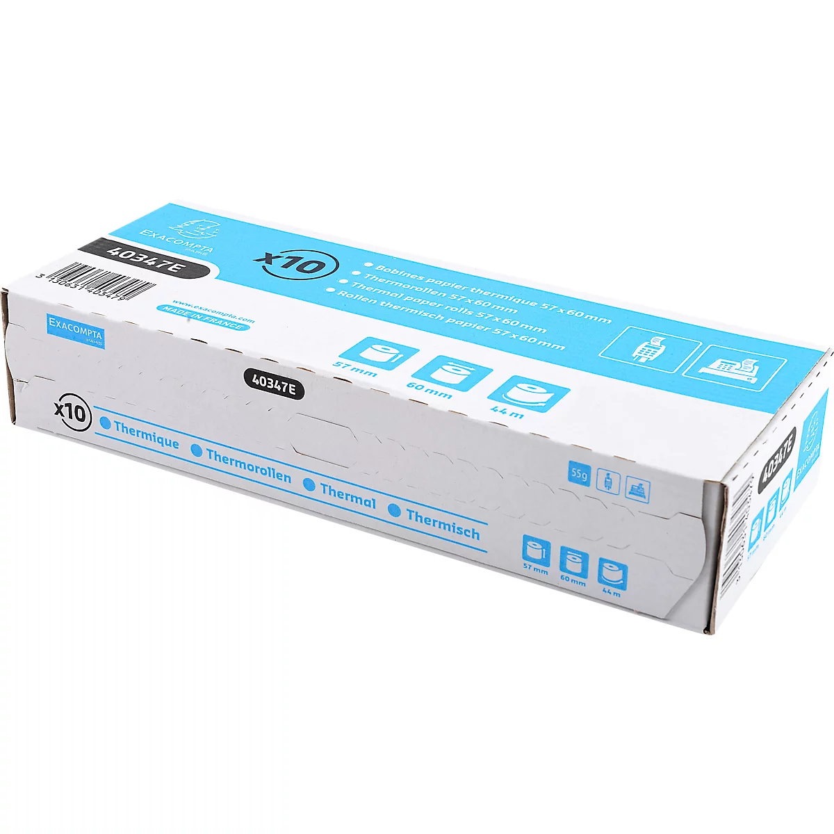 Thermische rol Exacompta, voor kaartbetalingen en kassa's, 1-laags, BPA-vrij, FSC-gecertificeerd, 55 g/m², L 44 m x B 57 mm, Ø 60 mm, 10 rollen, wit