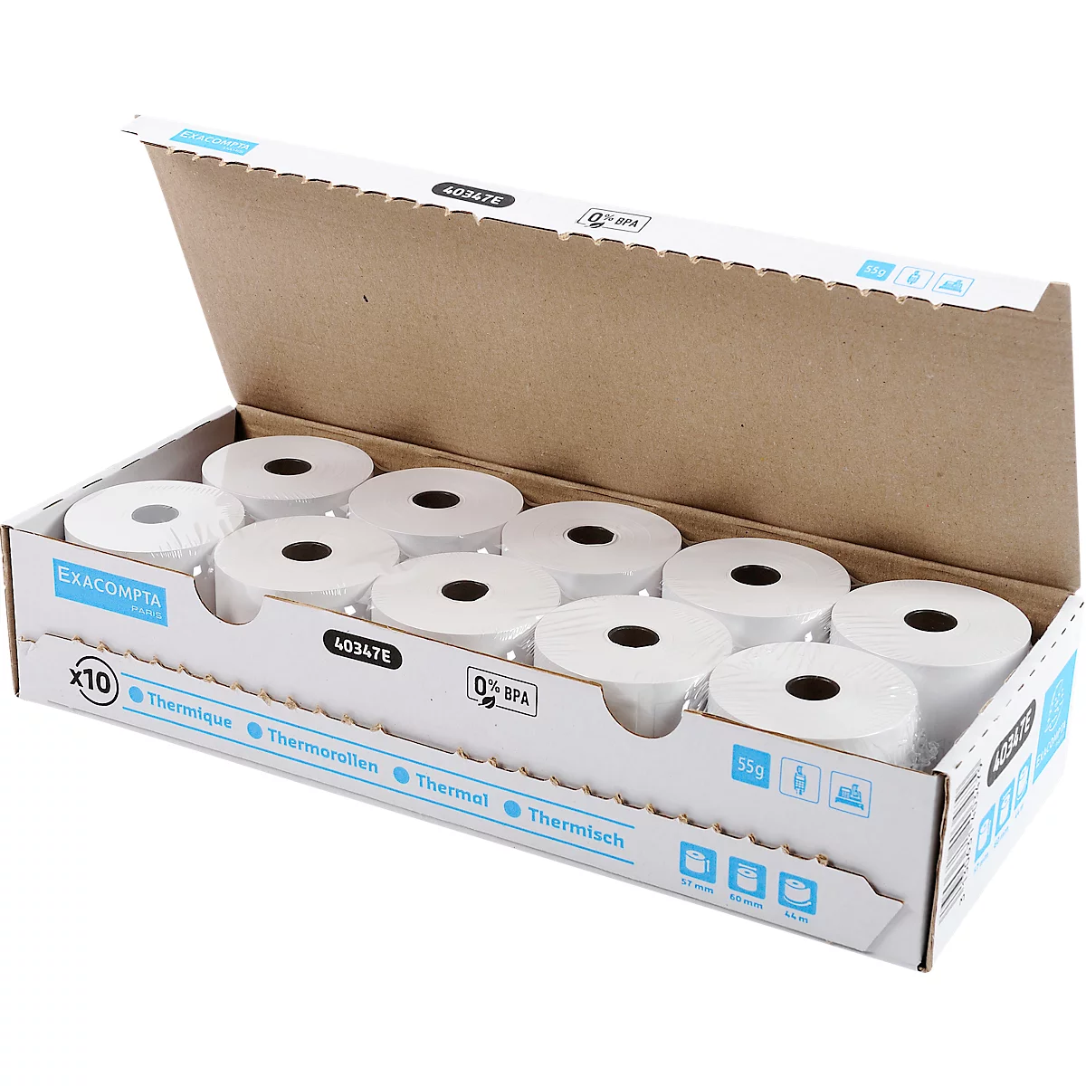 Thermische rol Exacompta, voor kaartbetalingen en kassa's, 1-laags, BPA-vrij, FSC-gecertificeerd, 55 g/m², L 44 m x B 57 mm, Ø 60 mm, 10 rollen, wit