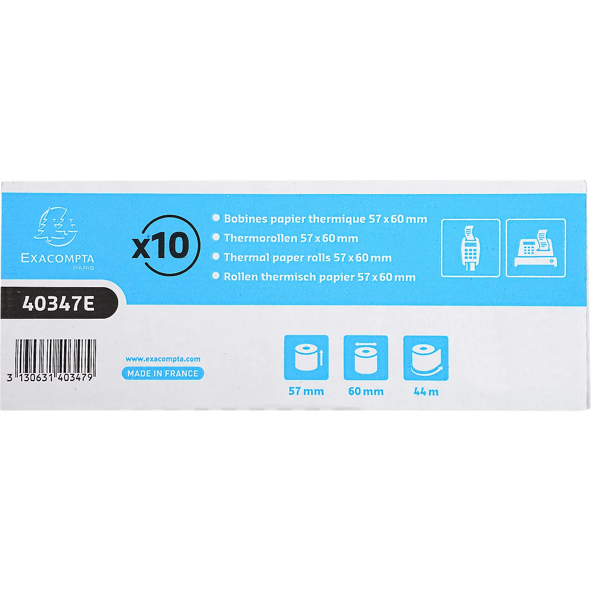Thermische rol Exacompta, voor kaartbetalingen en kassa's, 1-laags, BPA-vrij, FSC-gecertificeerd, 55 g/m², L 44 m x B 57 mm, Ø 60 mm, 10 rollen, wit