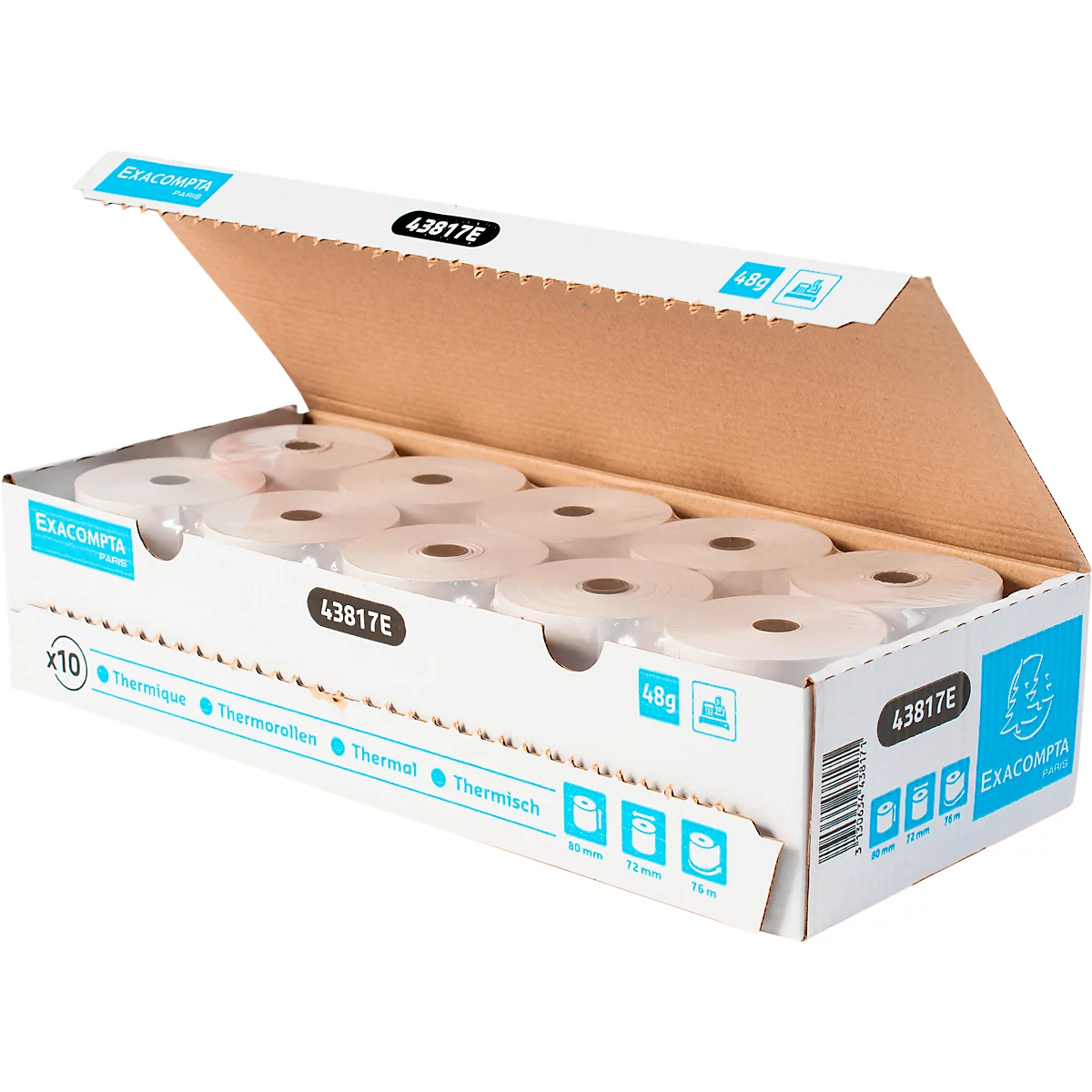 Thermische rol Exacompta, voor kassa's, 1-laags, BPA-vrij, FSC-gecertificeerd, 48 g/m², L 76 m x B 80 mm, Ø 80 mm, 10 rollen, wit