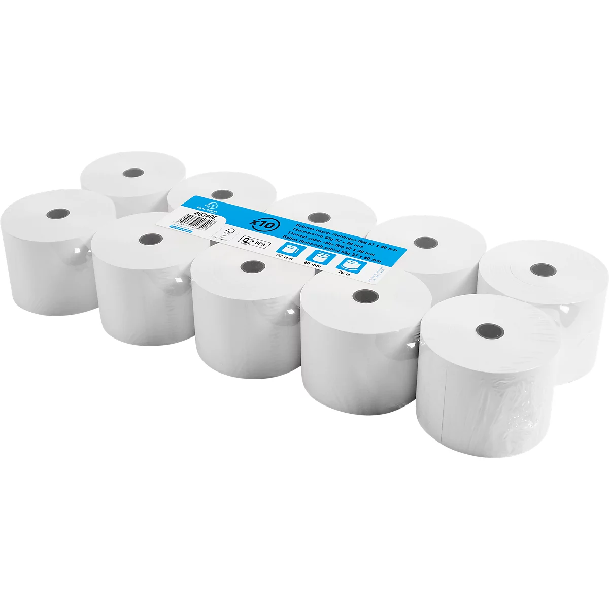 Thermische rol Exacompta, voor kassa's &amp; weegschalen, 1-laags, BPA-vrij, FSC-gecertificeerd, 55 g/m², L 76 m x B 57 mm, Ø 80 mm, 10 rollen, wit