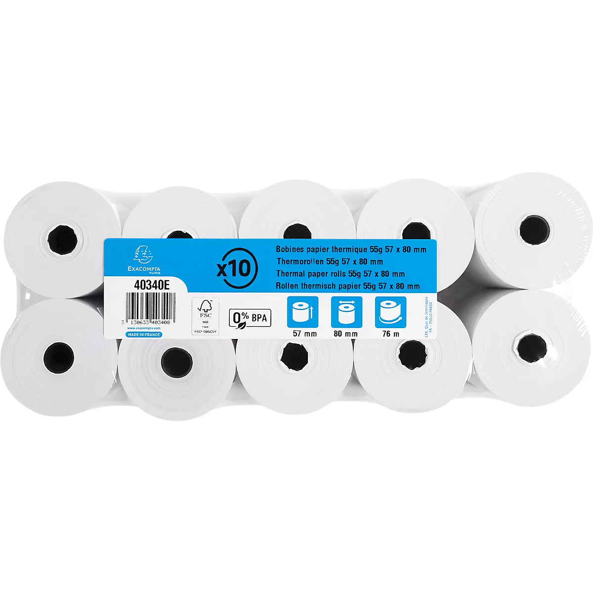 Thermische rol Exacompta, voor kassa's &amp; weegschalen, 1-laags, BPA-vrij, FSC-gecertificeerd, 55 g/m², L 76 m x B 57 mm, Ø 80 mm, 10 rollen, wit