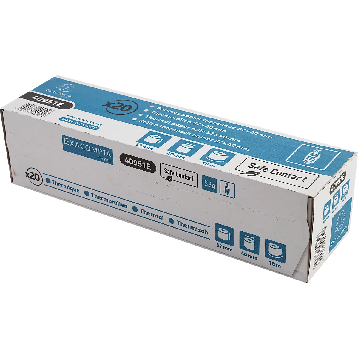 Thermische rol Safe Contact, 1-laags, 52 g/m², B 57 mm x L 18 m, Ø 40 mm, 20 rollen, blauwgrijs