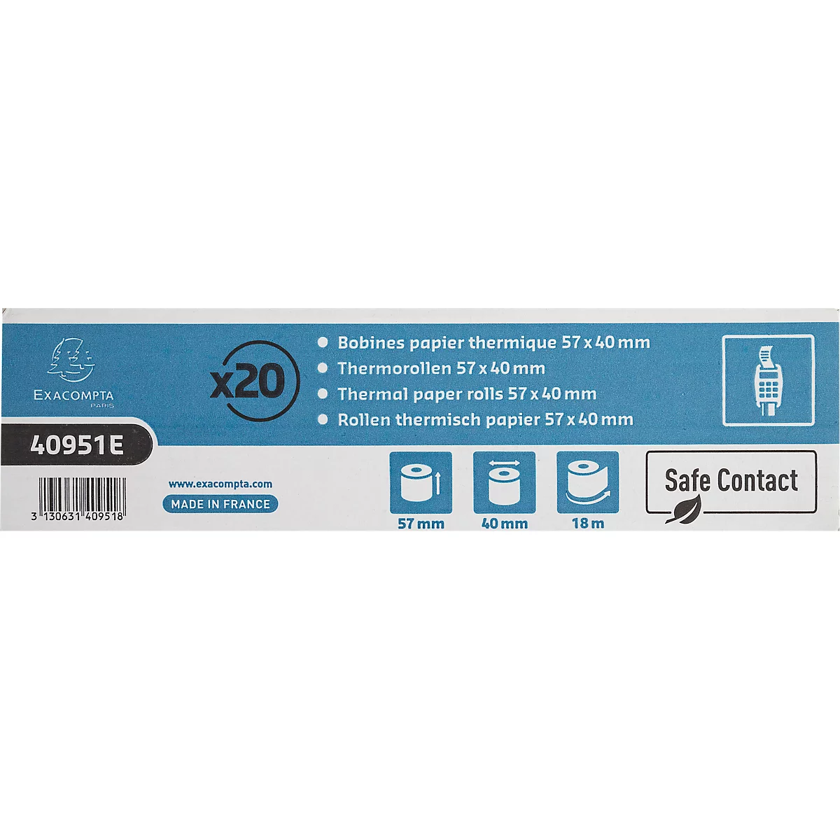 Thermische rol Safe Contact, 1-laags, 52 g/m², B 57 mm x L 18 m, Ø 40 mm, 20 rollen, blauwgrijs