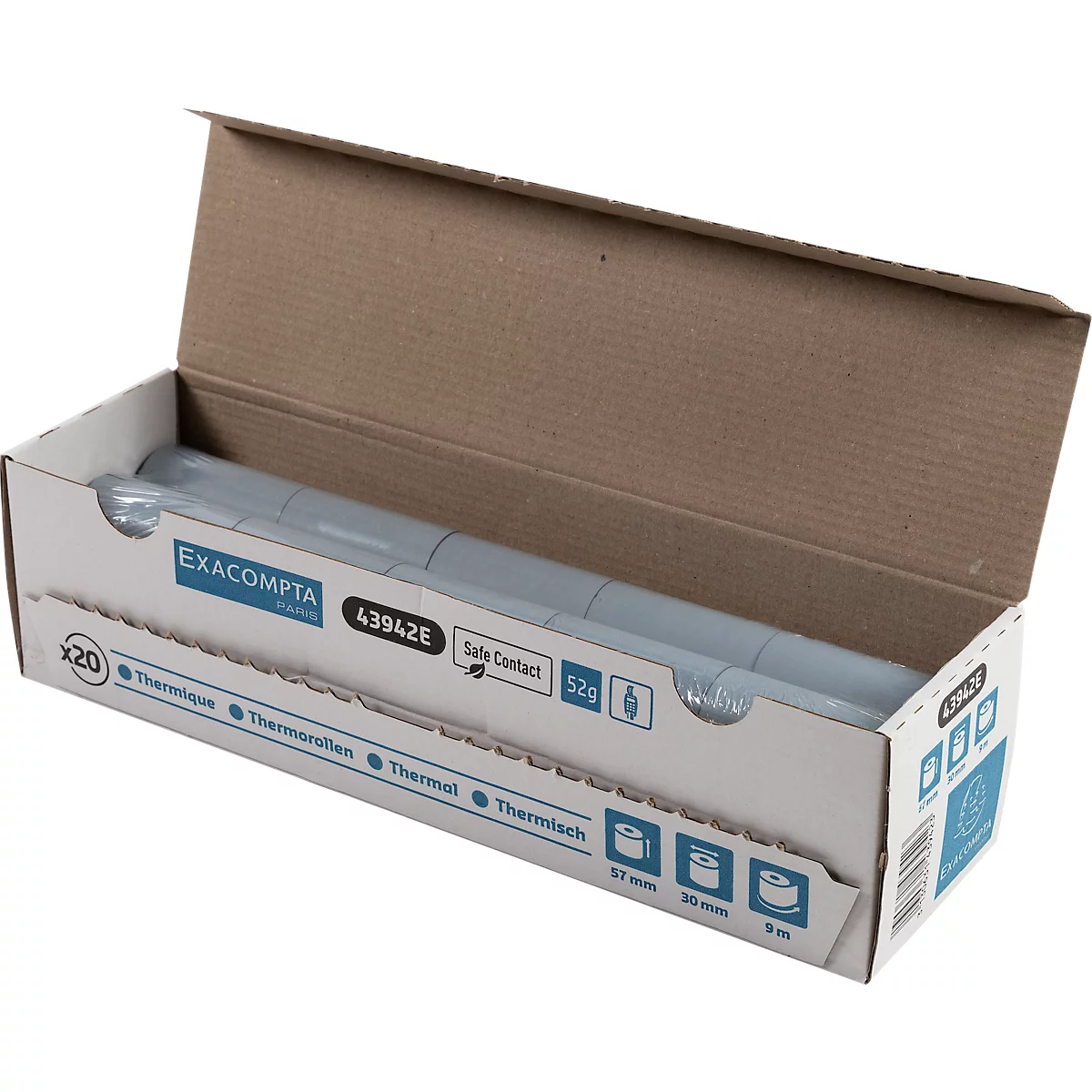 Thermische rol Safe Contact, 1-laags, 52 g/m², B 57 mm x L 9 m, Ø 30 mm, 20 rollen, blauwgrijs