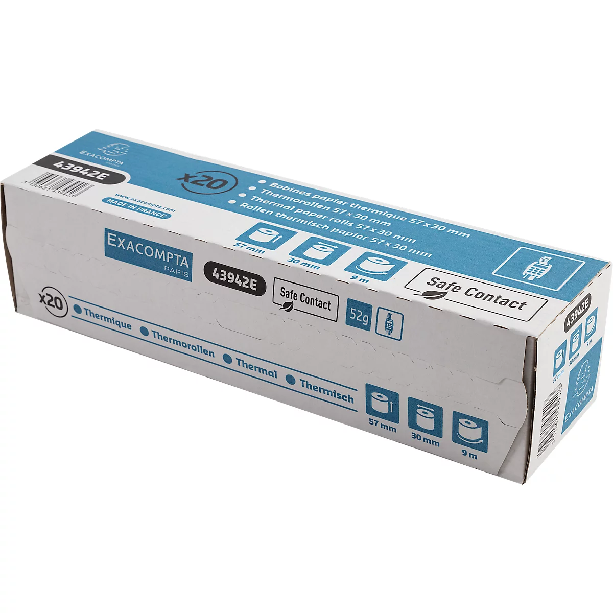 Thermische rol Safe Contact, 1-laags, 52 g/m², B 57 mm x L 9 m, Ø 30 mm, 20 rollen, blauwgrijs